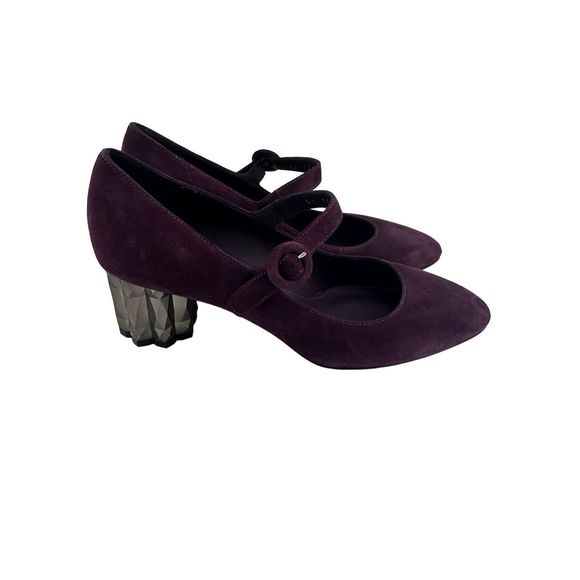Salvatore Ferragamo Ortensia Suede Mary Jane Purple Silver Geometric Heel Sz 5C‎ - Picture 3 of 11